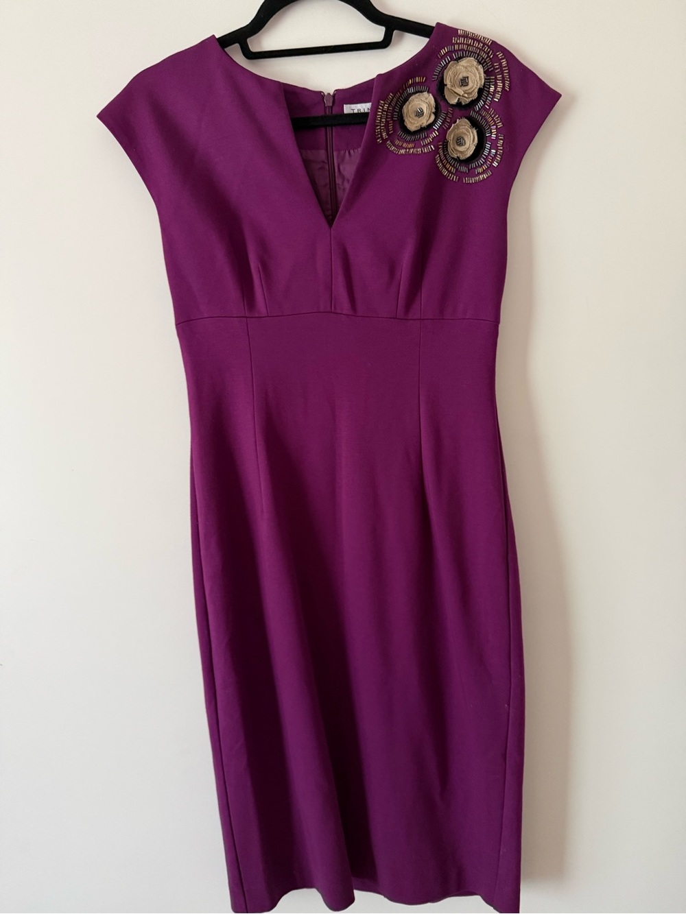 Trina Turk Plum Cap-Sleeve Sheath Dress with Gold Floral Appliqué